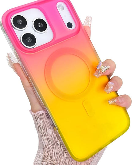 Aesthetic Case for iPhone 17 Pro Case for Women Girls [Compatible with Magsafe] Cute Girly Trendy Glitter Sparkly Rainbow Magnetic Protective Phone Cover, Matte Iridescent Red & Yellow
