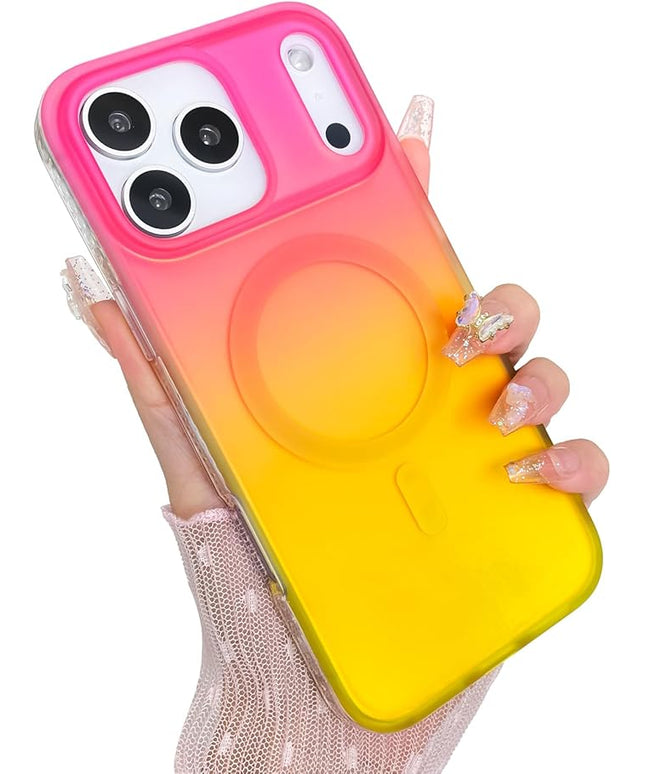 Aesthetic Case for iPhone 17 Pro Max Case for Women Girls [Compatible with Magsafe] Cute Girly Trendy Glitter Sparkly Rainbow Magnetic Protective Phone Cover, Matte Iridescent Red & Yellow