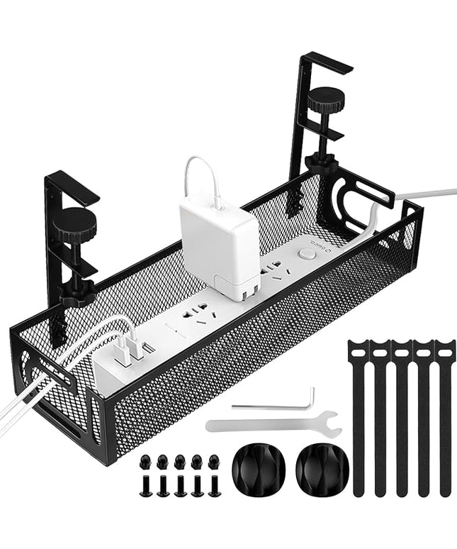 Under Desk Cable Management Tray, Cable Management Under Desk No Drill, Wire Management Tray with Clamp, Cord Organizer for Home Office, Black