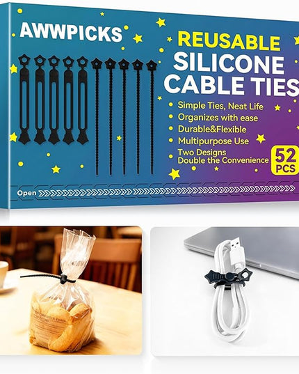 52 Pack Silicone Cable Ties, Reusable Star Design Cord Organizer Straps in 2 Styles, Durable & Stretchable Wire Management for Home, Office, Travel (Black)