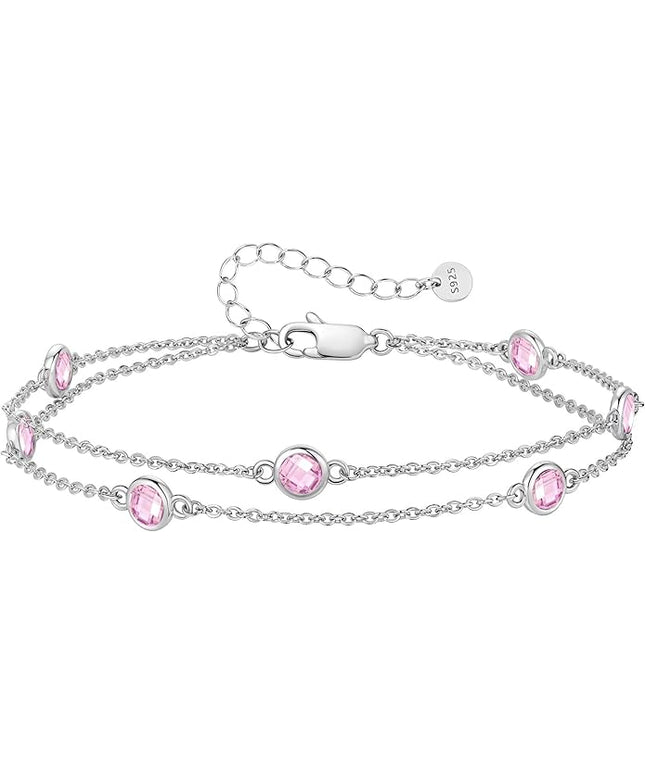 LOUISA SECRET Birthstone Bracelets for Women, 925 Sterling Silver Charm Link Double Strand Bracelet, Birthday Anniversary Christmas Jewelry Gifts for Wife Girlfriend Mother her…