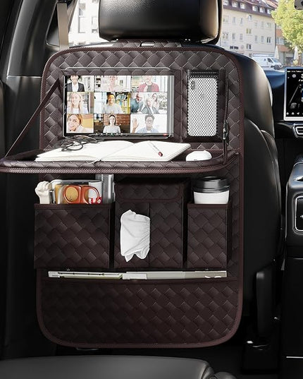 GMQ Back Seat Car Organizer 1 Pack,Backseat Organizer with Tray,Multifunctional Car Seat Back Storage Box with Foldable Tablet Holder (Coffee, Weave)