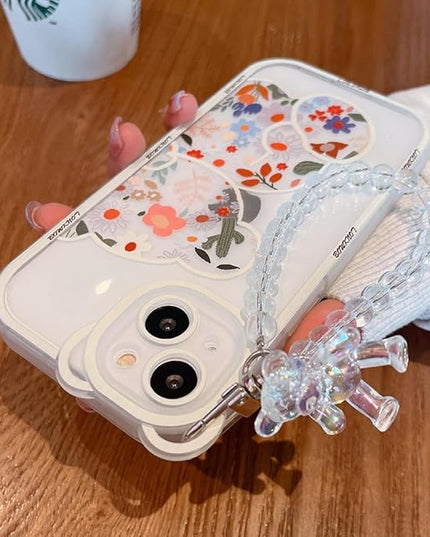 iPhone 14 Case - Clear Cute Flower Bear with Pearl Chain for Girls - Soft TPU Shockproof Protective - Girly - Flower Bear