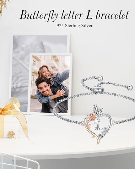 TOUPOP Gifts for Women Rose Heart Initial Bracelet 925 Sterling Silver Butterfly Letter Link Bracelet Love Jewelry Valentines Day Birthday Gifts for Her Wife Girlfriend Mom