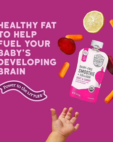 Serenity Kids 6+ Months Baby Food Pouch - Beet & Carrot Grass-Fed Collagen Protein - USDA Organic Dairy Free - No Added Sweeteners Baby Snacks - 3.5 Oz, 6 Pack