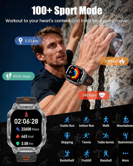 Military Smart Watch for Men(3 Bands),1000mAh/2 HD Large Screen Smartwatch, Flashlight/110+ Sports Modes, Fitness Tracker Watch for Android iOS,Light Black