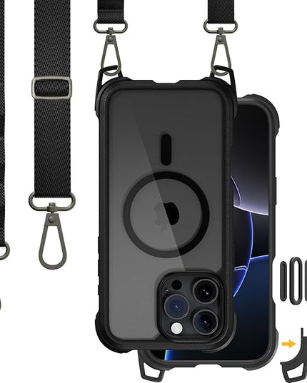 MAGEASY Designed for iPhone 16 Pro Max Case with Strap - [Camera Control Button Coverage] 20ft Ultimate Drop Protection Compatible with MagSafe, Vegan Leather Frame | Odyssey Strap M