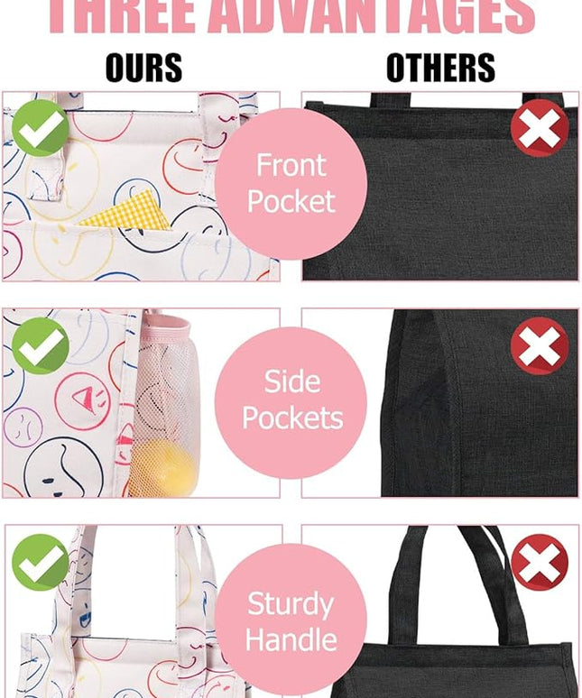 Fmeida Insulated Lunch Bag Women, 6.75L Small Lunch Bags with Multiple Pockets, Reusable Thermal Cooler Tote for Work, Office, Picnic, Travel | Hook and Loop Closure, Smile Face