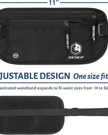 VENTURE 4TH Money Belt for Travel – Hidden Under-Clothes RFID Blocking Passport Holder & Slim Travel Wallet Pouch for Men & Women to Protect Cash, Cards & Documents (Pure Black)