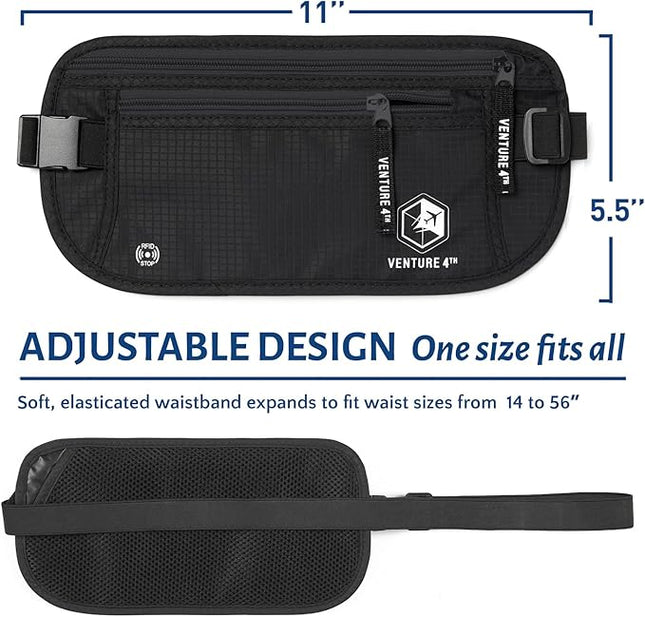 VENTURE 4TH Money Belt for Travel – Hidden Under-Clothes RFID Blocking Passport Holder & Slim Travel Wallet Pouch for Men & Women to Protect Cash, Cards & Documents (Pure Black)