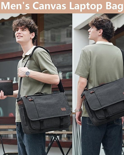 Nerlion Messenger Bag 15.6 Inch Laptop Bag Computer Bag Canvas Water-resistant Shoulder Bag Work Briefcase Bookbag for College (15.6", Dark Gray)