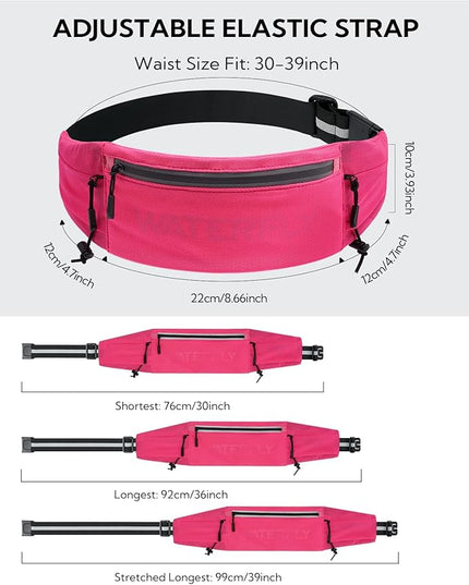 WATERFLY Running Belt Fanny Pack: Breathable 3 Pocket Waist Bag for Men Women Workout Exercise Fitness Phone Holder Fits All Phones - Runner Marathon Jogging Race Belt with Bib Clip Pink