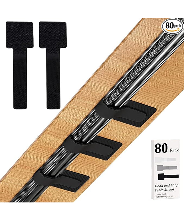 80PCS Hook and Loop Cable Straps, Cable Management Under Desk, Self Adhesive Cable Ties, Reusable Wire Organizers for Cords, Adjustable Cord Organizers for Desk, Home Office Essentials, Black