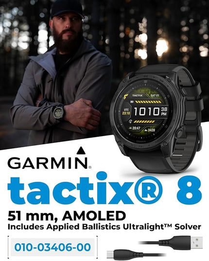 Garmin Tactix 8, 51mm AMOLED Display, Titanium Bezel, Sapphire Lens, Premium Tactical GPS Smartwatch, Includes Applied Ballistics Ultralight Solver, 40M Dive Rating w/Wearable4U Black Earbuds Bundle