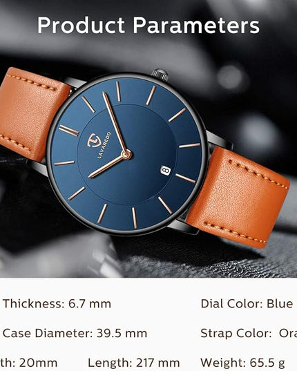L LAVAREDO Watch for Men, Extremely Thin Mens Watches Minimalist Analog Men's Leather Wrist Watches with Time/Date, Birthday Gift for Men Boyfriend