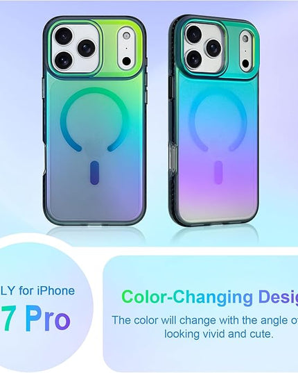 Aesthetic Case for iPhone 17 Pro Case for Women Girls [Compatible with Magsafe] Cute Girly Trendy Glitter Sparkly Rainbow Magnetic Protective Phone Cover, Matte Iridescent Blue & Green