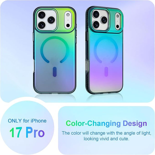 Aesthetic Case for iPhone 17 Pro Case for Women Girls [Compatible with Magsafe] Cute Girly Trendy Glitter Sparkly Rainbow Magnetic Protective Phone Cover, Matte Iridescent Blue & Green