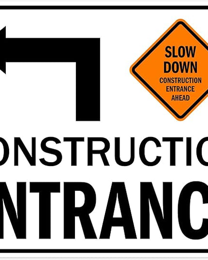 Slow Down Construction Entrance Ahead With Left Arrow Sign, 24x30 Inches, Rust Free .063 Aluminum, Fade Resistant, Made in USA by My Sign Center
