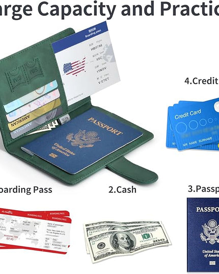 Passport Holder, Passport Cover with Credit Card Slot and Boarding Pass Slot Combo, Passport Wallet Case Book Travel Must Have, RFID Blocking Leather Travel Accessories, Green