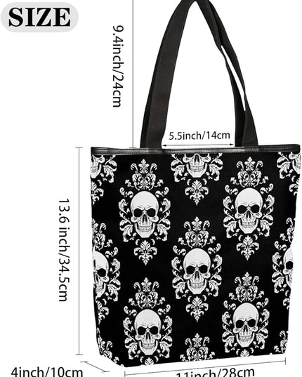 Pardick Canvas Tote Bags, Gothic Skull Tote Bag Eco Friendly Reusable Grocery Shopping Bagsfor Beach, Books, Women with Zipper Inner Pocket