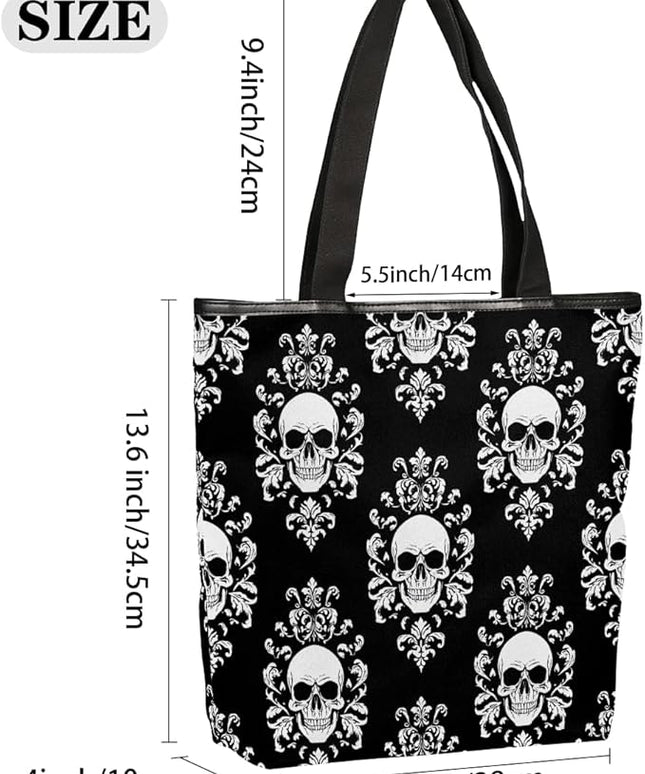 Pardick Canvas Tote Bags, Gothic Skull Tote Bag Eco Friendly Reusable Grocery Shopping Bagsfor Beach, Books, Women with Zipper Inner Pocket