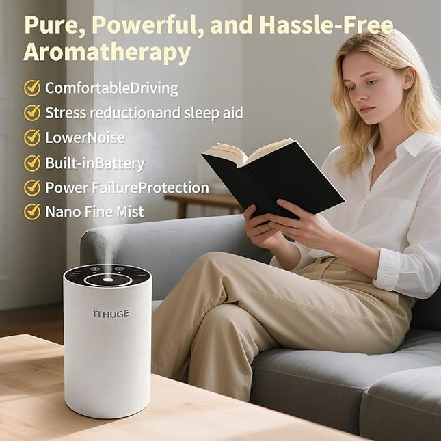 Waterless Essential Oil Diffuser, Premium Aluminum Alloy, Battery Operated Portable Nebulizer, 20mL Empty Bottle, 3 Mist Levels & 3 Countdown Timers for Home, Car, Office - White(E200W)