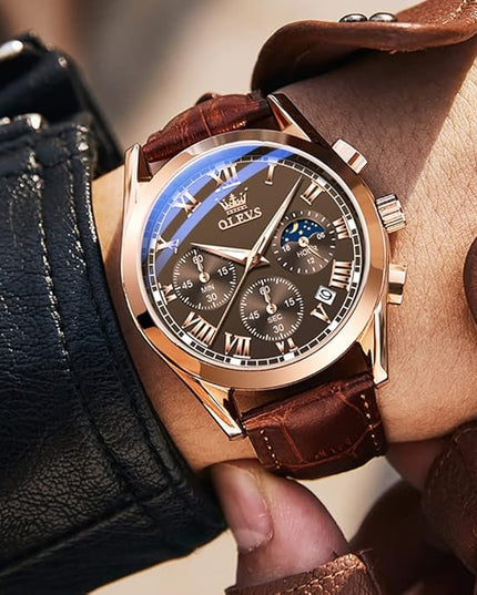 OLEVS Men's Watches Leather Strap Analog Quartz Watch, Fashion Big Dial Date Waterproof Watch, Dress Luxury Luminous Men Watches