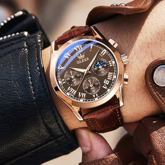OLEVS Men's Watches Leather Strap Analog Quartz Watch, Fashion Big Dial Date Waterproof Watch, Dress Luxury Luminous Men Watches