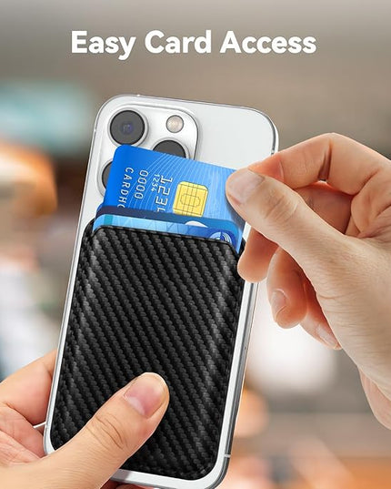 Magnetic Cell Phone Card Holder for Phone Case with Mag Safe, Stronger Magnetic RFID Leather Phone Wallet Stick on Series of iPhone 17/16/15/14/13/12 and Pro/Promax, Carbon Fiber Black