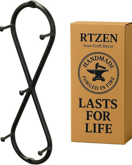 RTZEN Farmhouse Small Key Holder for Wall - Handcrafted Swirl Decorative 5 Key Hooks for Home Entryway - Wrought Iron Wall Mount Rack Purse Coat and Leash Holder or Organizer (Infinity Black)