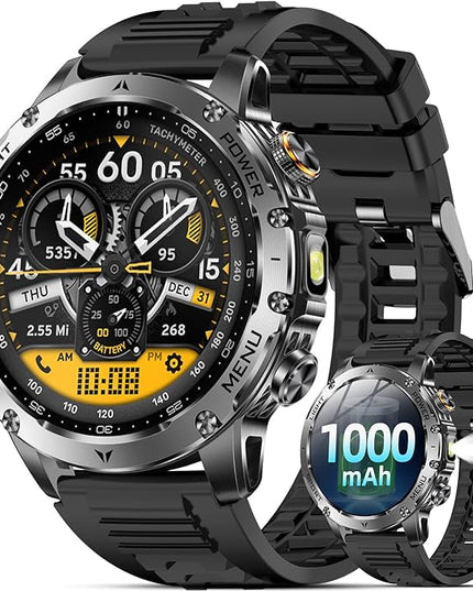 Military Smart Watches for Men, Smart Watch with 1000 mAh Battery/Answer/Dial Calls/Fitness Tracker/Flashlight/Heart Rate/Sleep Monitor/100+ Sports Mode, 1.7″ Waterproof Smartwatch for Android/iPhone