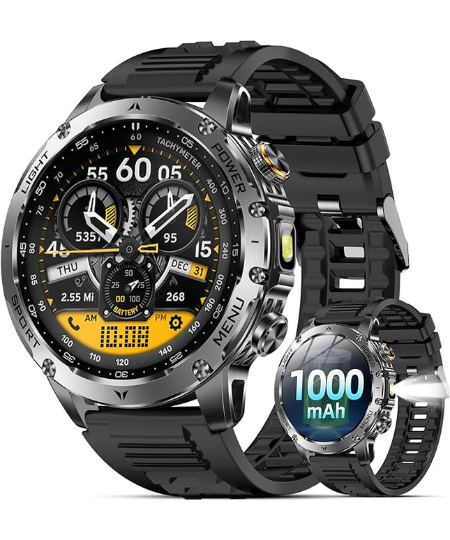 Military Smart Watches for Men, Smart Watch with 1000 mAh Battery/Answer/Dial Calls/Fitness Tracker/Flashlight/Heart Rate/Sleep Monitor/100+ Sports Mode, 1.7″ Waterproof Smartwatch for Android/iPhone