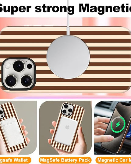 Magnetic for iPhone 11 Case Cute Stripes Phone Case, Shockproof Slim TPU and Hard PC Protective Phone Cover Compatible with MagSafe Designed for Women Girls, Brown