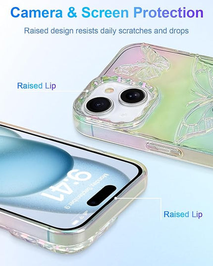 Cute Case for iPhone 15 Case for Women Girls, with 3D Butterflies Pattern Design, Aesthetic Clear Iridescent Glitter Kawaii Girly Rainbow Protective Phone Cover