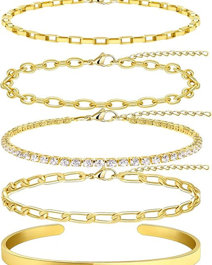 Gold Bracelets Set for Women Stack, Dainty Thick Bracelets Stack for Women Trendy, Simple Thin Gold Plated Cuff Stackable Bracelets With Beaded Cuban Paperclip Snake Rope Bangle Hand Chain Jewelry Gifts for Women Non Tainish