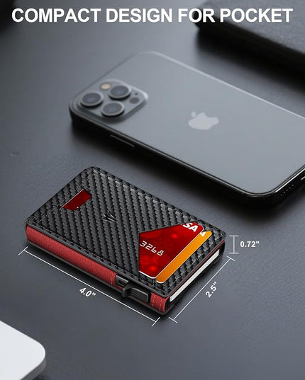 Ruiici Wallet for Men, Slim Minimalist Wallet with Money Clip＆ID Window, RFID Blocking Pop-Up Credit Card Holder, Smart Auminum Mens Wallet Holds 9-13 Cards (Gift Box) (Carbon Fiber & Red)