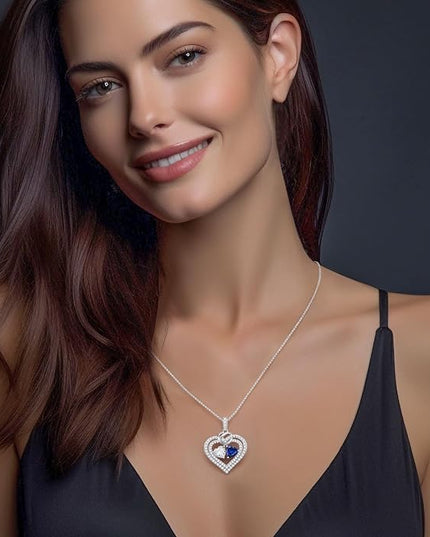LOUISA SECRET Sparkling Double Heart Birthstone Necklaces for Women, 925 Sterling Silver Fine Jewelry, Pendant Heart Necklaces Birthday Anniversary Christmas Gift for Women Wife Mom Girlfriend Lady