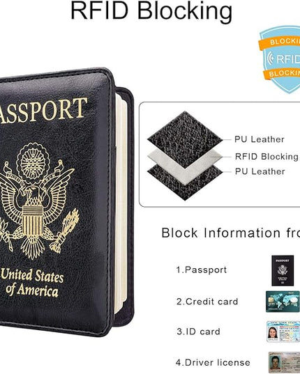WALNEW Passport Holder for Travel, RFID Passport Cover Wallet for Women Men, PU Leather Passport Book Card Holder Case with Pen, Travelling Essentials for Flying