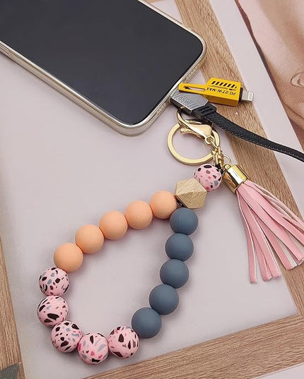 Phone Lanyard Silicone Beaded Phone Wrist Strap Cute Elastic Cell Phone Wristlet Chain Bracelet with 2 Tether Tab