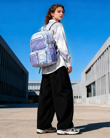 Lohol Multi-Pocket Backpack for Travel College, Heavy Duty Big Bookbag with 15.6 inch Laptop Compartment (Purple Galaxy