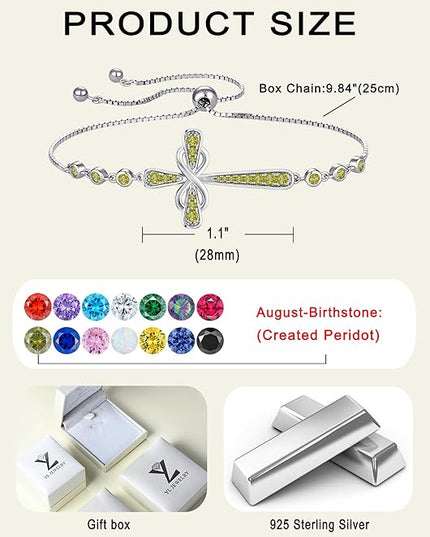 YL Cross Bracelet 925 Sterling Silver Infinity Sideways Link Bracelet Birthstone Jewelry for Women