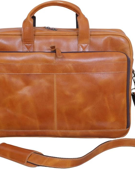 Handmade Full-Grain Leather Briefcase for Men & Women–17" Laptop Bag with Computer Compartment Office Satchel Bag