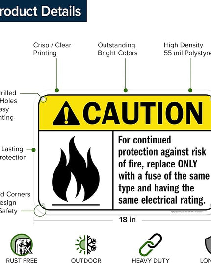 Warning For Continued Protection Against Risk Of Fire Replace Sign, 12x18 Inches, 55 mil thick HDPS (high density polystyrene), Made in USA by My Sign Center