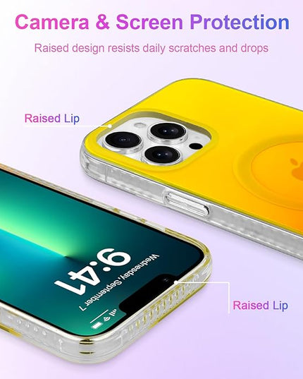 Aesthetic Case for iPhone 13 Pro Max Case for Women Girls, Compatible with Magsafe, Cute Girly Trendy Glitter Sparkly Rainbow Magnetic Protective Phone Cover, Matte Iridescent Yellow & Orange