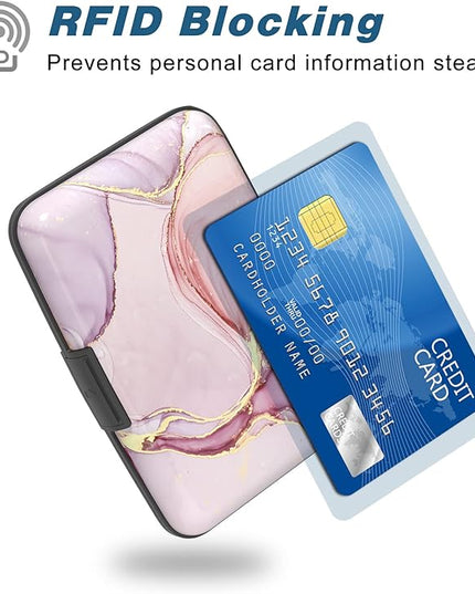 Atufsuat Credit Card Holder, Mini Aluminum Card Wallet RFID Blocking Slim Metal Hard Card Case for Women Men, Pink Marble