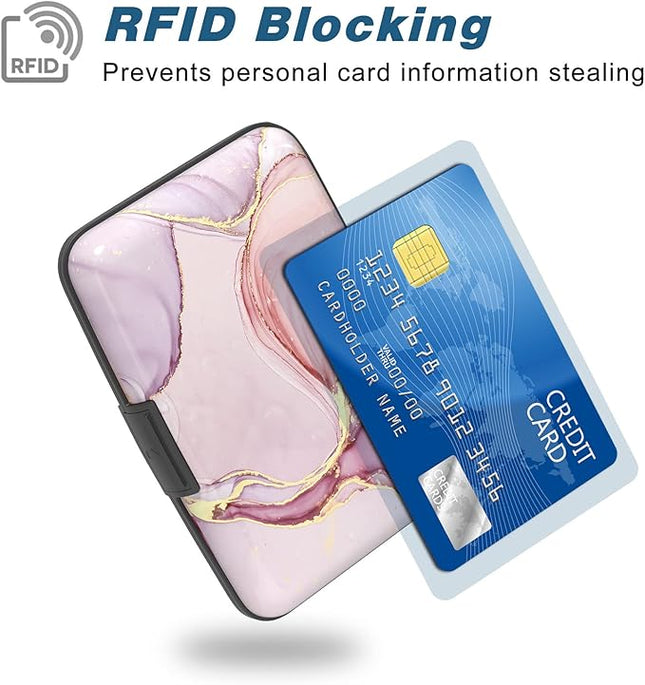 Atufsuat Credit Card Holder, Mini Aluminum Card Wallet RFID Blocking Slim Metal Hard Card Case for Women Men, Pink Marble