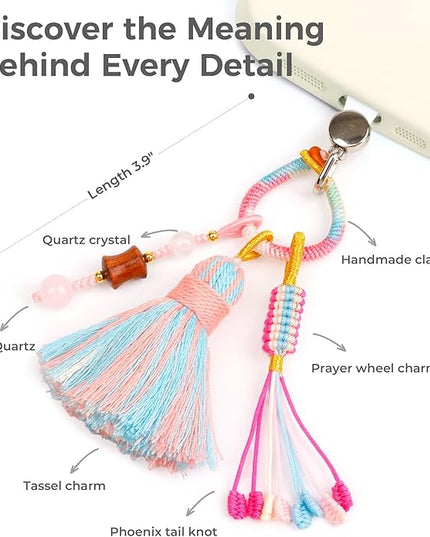 Boho Phone Charm with Tassel, Handmade Macrame Woven Phone Accessory, Cute Aesthetic Crystal & Wood Beaded Pendant Decoration for Cellphone, Bag, Keys