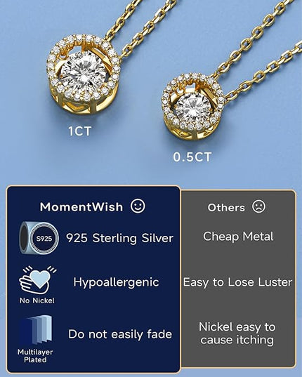 MomentWish Floating Necklace for Women, 0.5/1 Carat Dancing Moissanite Necklace for Her 925 Sterling Silver Pendant Anniversary Birthday Christmas Gift for Wife Mom Girlfriend
