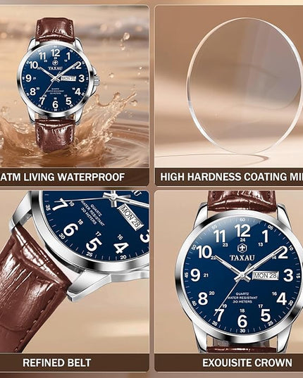 Men's Watches Leather Band Stainless Steel Quartz Analog Watch Luxury Waterproof Watches for Men Dress Men's Wrist Watch with Day Date Arabic Numeral Relojes para Hombre