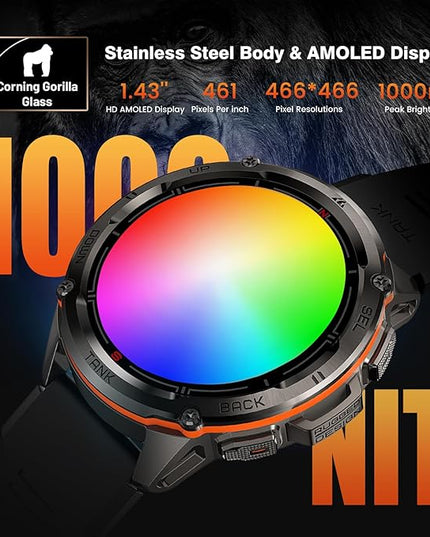 AMAZTIM GPS Smart Watch for Men, 6 Satellite Positioning, Compass, Stainless Steel Body, 50M Waterproof, 470mAh Extra-Large Battery, Answer/Make Call, 1.43" AMOLED Screen, Compatible for Android iOS